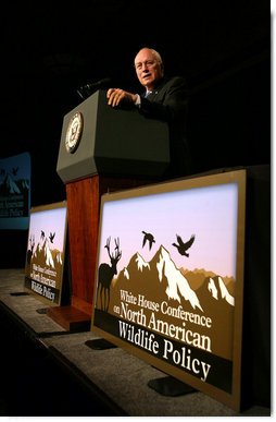Vice President Dick Cheney delivers remarks Friday, Oct. 3, 2008 at the White House Conference on North American Wildlife Policy in Reno. "The men and women in this room understand what conservation is all about," said the Vice President. "It means reverence toward creation, and a commitment to faithful stewardship. It means guarding our spectacular wildlife populations - not just for our own time, but for all time."  White House photo by David Bohrer