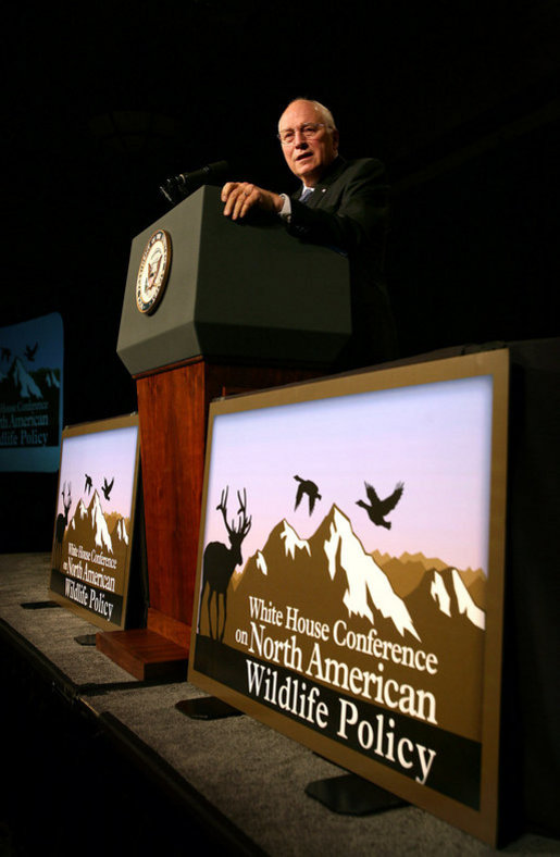 Vice President Dick Cheney delivers remarks Friday, Oct. 3, 2008 at the White House Conference on North American Wildlife Policy in Reno. "The men and women in this room understand what conservation is all about," said the Vice President. "It means reverence toward creation, and a commitment to faithful stewardship. It means guarding our spectacular wildlife populations - not just for our own time, but for all time." White House photo by David Bohrer