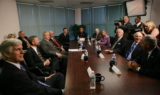 President George W. Bush meets with state and local business leaders Tuesday, Oct. 7, 2008, during his visit to the Guernsey Office Products, Inc. in Chantilly, Va., where President Bush also addressed remarks on the Emergency Economic Stabilization Act of 2008. White House photo by Chris Greenberg