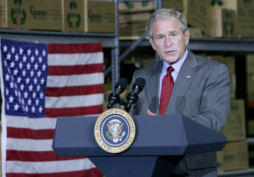 President George W. Bush addresses his remarks on the nation's economy to state and local business leaders Tuesday, Oct. 7, 2008, during his visit to the Guernsey Office Products, Inc. in Chantilly, Va. President Bush said the Emergency Economic Stabilization Act of 2008 will take time to have its full effect in improving the economy. White House photo by Chris Greenberg