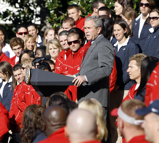 President George W. Bush delivers remarks to the members of the 2008 United States Summer Olympic and Paralympic Teams Tuesday, Oct. 7, 2008, on the South Lawn of the White House. President Bush said, "You amazed the world with your talent and grace and sportsmanship. You inspired children to chase their dreams. You will be champions forever." White House photo by Eric Draper