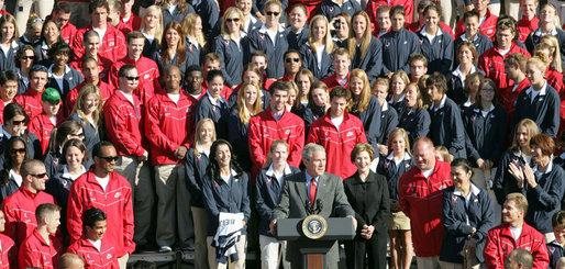 President George W. Bush joined by Mrs. Laura Bush delivers remarks to the members of the 2008 United States Summer Olympic and Paralympic Teams Tuesday, Oct. 7, 2008, on the South Lawn of the White House. The President said in his remarks, "The Olympic and Paralympic teams worked hard to get to this moment. Whether you won a medal or not, it really doesn't matter in the long run. What really matters is the honor you brought to your sports and to your families and to your country." White House photo by Joyce N. Boghosian