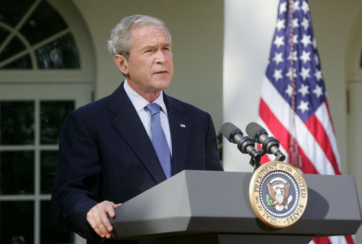 President George W. Bush addresses his remarks on the economy Friday morning, Oct. 10, 2008, in the Rose Garden at the White House. President Bush said that he understands that the startling drop in the stock market over the past few days has been a deeply unsettling period for the American people, but they need to know that the United States government is acting, and will continue to act to resolve this crisis and restore stability to our markets. White House photo by David Bohrer