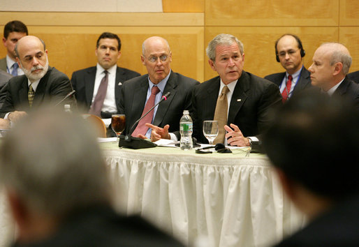 President George W. Bush delivers remarks during a meeting of G-20 Finance Ministers and Central Bank Governors Saturday, Oct. 11, 2008, in Washington, D.C. President Bush is joined by from left to right, Federal Reserve Chairman Ben Bernanke, Treasury Secretary Henry Paulson, Brazilian Minister of Finance Guido Mantega and Central Bank President Henrique Meirelles. White House photo by Chris Greenberg