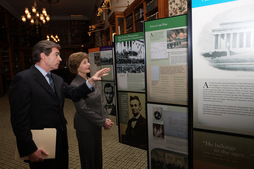 Mrs. Laura Bush is shown the "Abraham Lincoln: A Man of His Time, A Man for All Times' exhibition, Friday, Oct. 24, 2008 in New York City by Dr. James Basker, President of the Gilder Lehrman Institute of American History. The tour at the Lincoln Room of Union League Club in New York City was immediately prior to the Fifth Annual Preserve America History Teacher of the Year Award ceremony. White House photo by Chris Greenberg