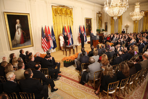 President George W. Bush addresses his remarks to invited guests Friday, Oct. 24, 2008 in the East Room of the White House, prior to signing the NATO accession protocols in support of the nations of Albania and Croatia to join the NATO alliance. White House photo by Chris Greenberg