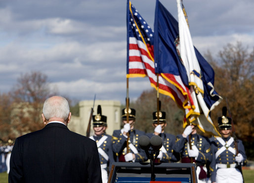 Vice President Dick Cheney stands to receive honors Saturday, Nov. 8, 2008, during the Virginia Military Institute's annual Military Appreciation Day in Lexington, Va. White House photo by David Bohrer
