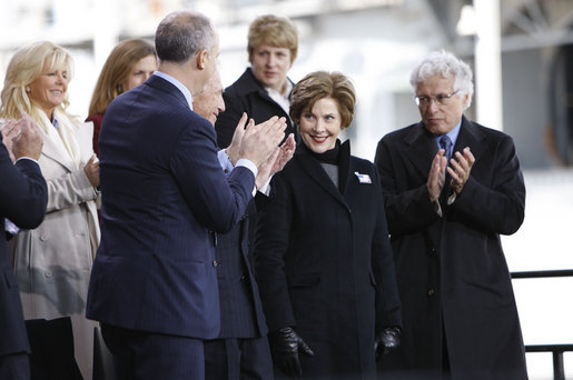 Mrs. Laura Bush acknowledges applause as she is introduced on stage Tuesday, Nov. 11, 2008, at the rededication ceremony for the Intrepid Sea, Air and Space Museum in New York. White House photo by Eric Draper