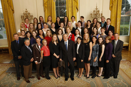 President George W. Bush poses with members of the Brown University Women's Rowing Team Wednesday, Nov. 12, 2008, during a photo opportunity with 2008 NCAA Sports Champions at the White House. White House photo by Eric Draper
