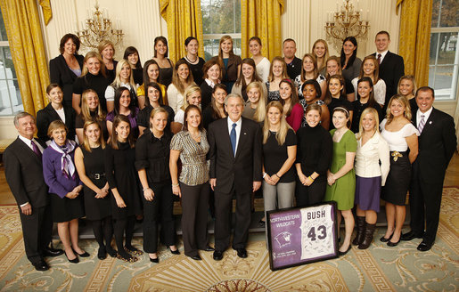 President George W. Bush poses with members of the Northwestern University Women's Lacrosse Team Wednesday, Nov. 12, 2008, during a photo opportunity with 2008 NCAA Sports Champions at the White House. White House photo by Eric Draper