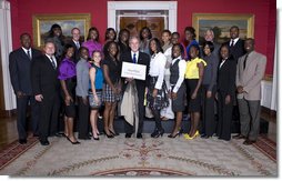 President George W. Bush poses with members of the Louisiana State University Women's Outdoor Track and Field Team Wednesday, Nov. 12, 2008, during a photo opportunity with 2008 NCAA Sports Champions at the White House. White House photo by Chris Greenberg