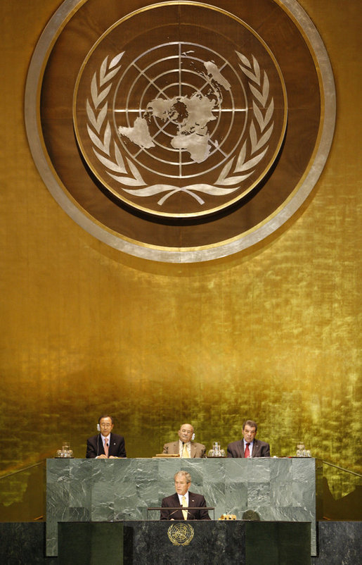 President George W. Bush addresses his remarks Thursday, Nov. 13. 2008, at the United Nations High-level Debate on Interfaith Dialogue at the United Nations General Assembly in New York. President Bush said religious belief has "sustained me through the challenges and joys of my presidency." White House photo by Eric Draper