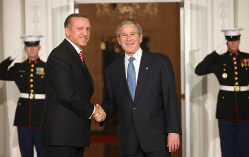President George W. Bush welcomes Prime Minister Recep Tayyip Erdogan of Turkey, to the White House Friday, Nov. 14, 2008, for dinner marking the opening of the Summit on Financial Markets and World Economy White House photo by Chris Greenberg