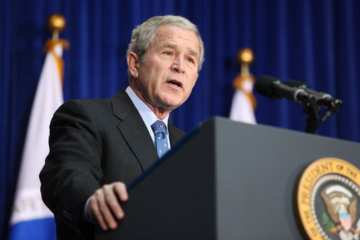 President George W. Bush addresses his remarks at the U.S. Transportation Department in Washington, D.C., Tuesday, Nov. 18, 2008, where President Bush announced an expansion of the U.S. airspace for civilian flights, the "Thanksgiving Express Lanes," to now include areas of the Midwest, Southwest and the West Coast to reduce holiday airline delays. White House photo by Chris Greenberg