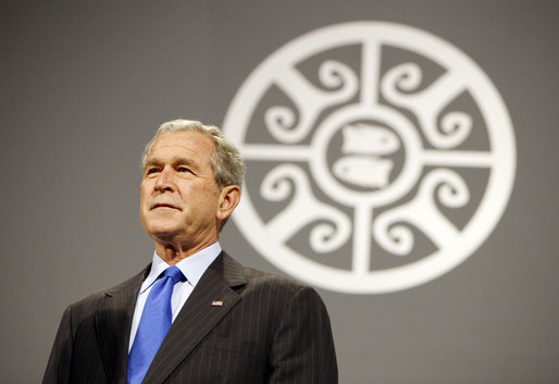 President George W. Bush is introduced Saturday, Nov. 22, 2008, to the APEC CEO Summit 2008 at the Ministry of Defense Convention Center in Lima, Peru. White House photo by Eric Draper