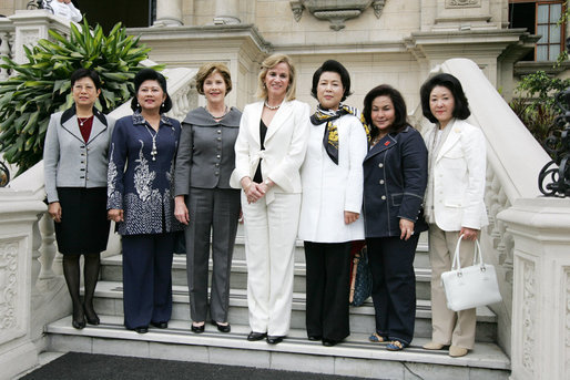 Mrs. Laura Bush stands for photographs on the steps of the Government Palace Residence Saturday, Nov. 22, 2008, with spouses of APEC leaders following a breakfast hosted by Mrs. Pilar Nores de Garcia, First Lady of Peru, in Lima. With her, from left are: Madam Ho, Spouse of Prime Minister Lee Hsien Loong of Singapore; Mrs. Kristiani Herawati, spouse of Indonesia's President Susilo Bambang Yudhoyono; Mrs. Bush; Mrs. Pilar Nores Bodereau de Garcia, spouse of Peru's President Alan Garcia; Mrs. Kim Yoon-ok, spouse of President Lee Myung-bak; Mrs. Rosmah Mansor, spouse of Malaysian Deputy Prime Minister Najib Razak, and Mrs. Chikako Aso, wife of Prime Minister Taro Aso of Japan. White House photo by Joyce N. Boghosian