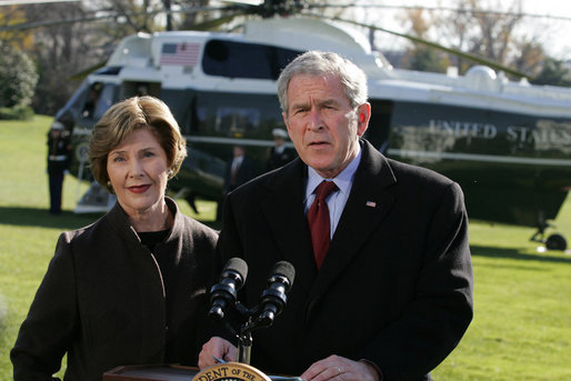President George W. Bush and Laura Bush extend their condolences to those suffering from the terrorist attacks in Mumbai, India, upon their arrival to the White House Saturday, Nov. 29, 2008, in Washington DC. White House photo by Joyce N. Boghosian