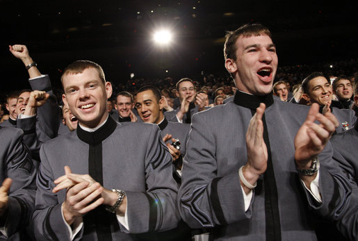 President George W. Bush is cheered and applauded by cadets Tuesday, Dec. 9, 2008, as he is introduced on stage at the United States Military Academy in West Point, N.Y. White House photo by Eric Draper