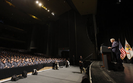 President George W. Bush addresses his remarks to West Point cadets Tuesday, Dec, 9, 2008 in Eisenhower Hall, at the United States Military Academy in West Point, N.Y. White House photo by Eric Draper