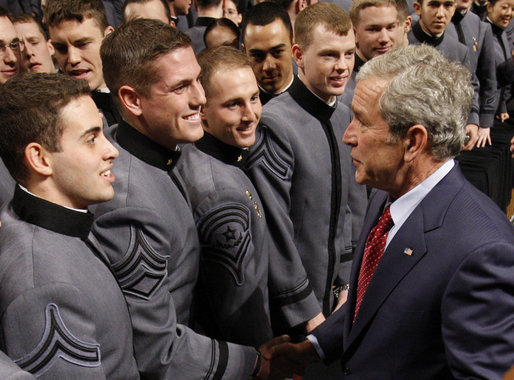 President George W. Bush greets West Point cadets folllowing his address Tuesday, Dec. 9, 2008, at the United States Military Academy in West Point, N.Y. White House photo by Eric Draper