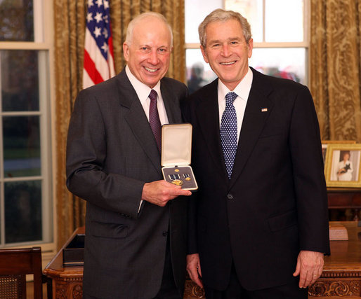 President George W. Bush stands with Sam Heyman after presenting him with the 2008 Presidential Citizens Medal Wednesday, Dec. 10, 2008, in the Oval Office of the White House. White House photo by Chris Greenberg