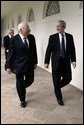 President Bush and VP Cheney walk through the Colonnade en route to motorcade to Pentagon Memorial Ceremony Sept. 11, 2008, on the anniversary of the attack on America. White House photo by David Bohrer