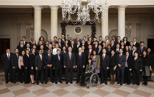 President George W. Bush stands with recipients of the 2007 Presidential Early Career Awards for Scientists and Engineers Friday, Dec. 19, 2008, in the Grand Foyer of the White House. White House photo by Chris Greenberg