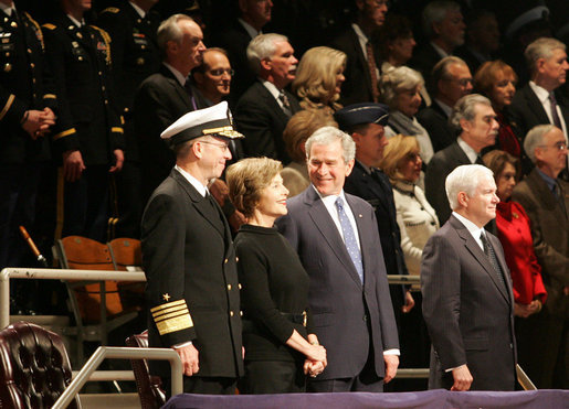 President George W. Bush and Mrs. Laura Bush participate in a military appreciation Tuesday, Jan. 6, 2009, at Ft. Myer, Va., in honor of the President's tenure as Commander-in-Chief. The First Couple was honored for their outstanding public service by the Department of Defense. White House photo by Joyce N. Boghosian