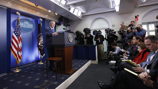 President George W. Bush responds to questions Monday, Jan. 12, 2009, during his final press conference in the James S. Brady Press Briefing Room of the White House. White House photo by Eric Draper