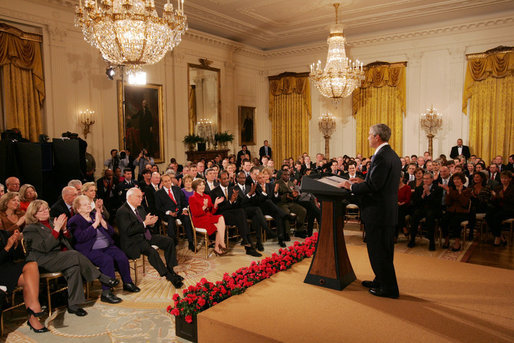 President George W. Bush is applauded during his farewell address to the nation Thursday evening, Jan. 15, 2009, from the East Room of the White House, where President Bush said it has been a privilege to serve the American people. White House photo by Joyce N. Boghosian