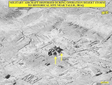 Photo showing military aircraft dispersed during Operation Desert Storm to historical site near Tallil, Iraq