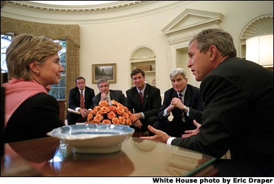 As her state recovers from Tuesday's attacks, New York Senator Hillary Clinton and other members of congress meet with President Bush in the Oval Office. White House photo by Eric Draper.