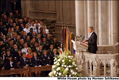 During the newly proclaimed National Day of Prayer and Remembrance, President Bush addresses the congregation at the National Cathedral in Washington, D.C. Sept. 13. White House photo by Moreen Ishikawa.