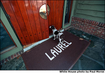 Spotty stands outside a door at Camp David. White House photo by Paul Morse.