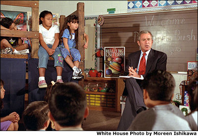 President Bush visits with a second-grade class at Griegos Elementary School in Albuquerque, N.M, Aug. 15. White House photo by Moreen Ishikawa. 