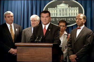 Homeland Security Director, Governor Tom Ridge, answers questions from the media during a press briefing at the White House.