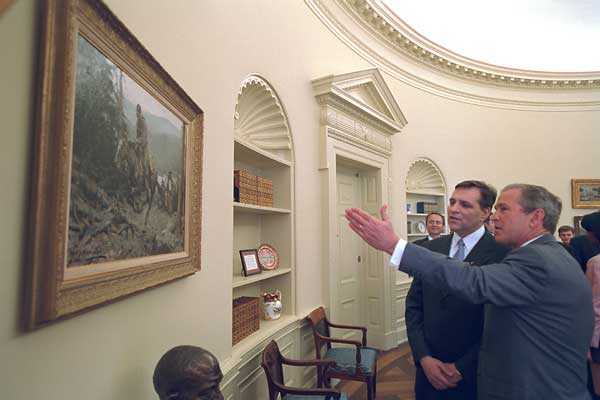 President George W. Bush has selected several paintings depicting Texas scenes by Texas artists for his office. Many are on loan from museums in San Antonio and El Paso. White House photo by Eric Draper.
