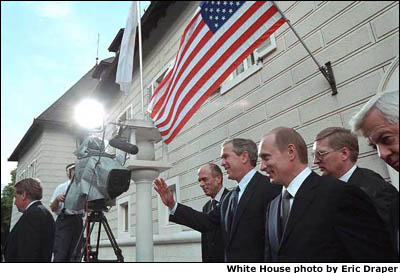 President Bush leaves Brdo Castle with Russian President Vladimir Putin in Kranju, Slovenia, for a meeting with the press. White House photo by Eric Draper