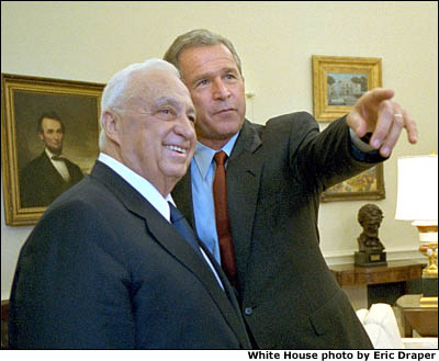 President Bush and Israel's Prime Minister Ariel Sharon discuss peace in the Middle East in the Oval Office. White House photo by Eric Draper.