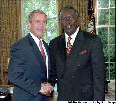President Bush greets President John Agyekum Kufuor of Ghana in the Oval Office June 28, 2001. White House photo by Eric Draper.
