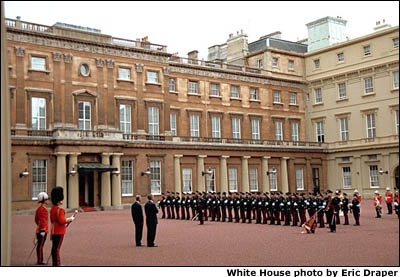Upon entering the courtyard at Buckingham Palace, an arrival ceremony is performed for the President. White House photo by Eric Draper.
