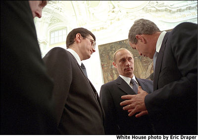 President Bush and President Putin meet during the G-8 sessions. Their talks resulted in joint statements committing to work together in areas such as economic reforms and security issues. White House photo by Eric Draper.