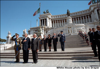 Visiting Italy, President Bush and some of the administration's senior staff take part in a ceremony at the tomb of the unknown soldier July 23, 2001. White House photo by Eric Draper.