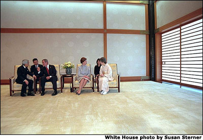 President George W. Bush and Laura Bush talk with Japan's Emperor Akihito and Empress Michiko before attending a luncheon at the Imperial Palace in Tokyo, Japan, Tuesday, Feb. 19, 2002. White House photo by Susan Sterner.