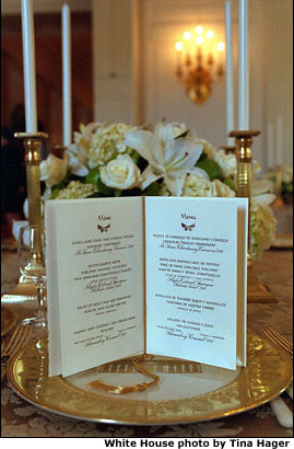 Penned by hand in English and Spanish, the menu for President Bush's first State Dinner accompanied each place setting. White House photo by Tina Hager.
