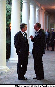  Walking along the West Wing Colonnade, President Bush and French President Jacque Chirac discuss current matters Sept. 18. 