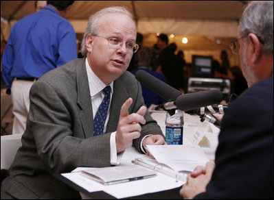 Karl Rove, Assistant to the President, Deputy Chief of Staff and Senior Advisor, gestures as he talks with radio host Robert Siegel of National Public Radio during the White House Radio Day event Tuesday, Oct. 24, 2006 in Washington, D.C.