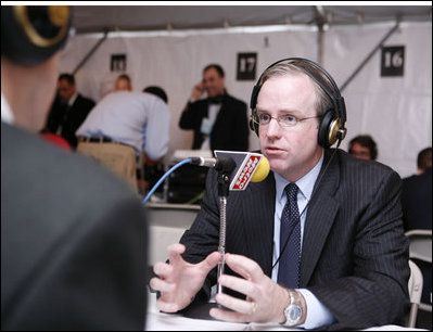 Dan Bartlett, Counselor to the President, participates in an interview with a radio journalist during the White House Radio Day Tuesday, Oct. 24, 2006.