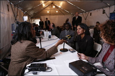 U.S. Secretary of State Condoleezza Rice is interviewed by radio journalists during White House Radio Day Tuesday, Oct. 24, 2006 in Washington, D.C.