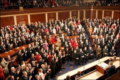 President George W. Bush receives a standing ovation during his State of the Union Address at the U.S. Capitol, Wednesday, Feb. 2, 2005. 
